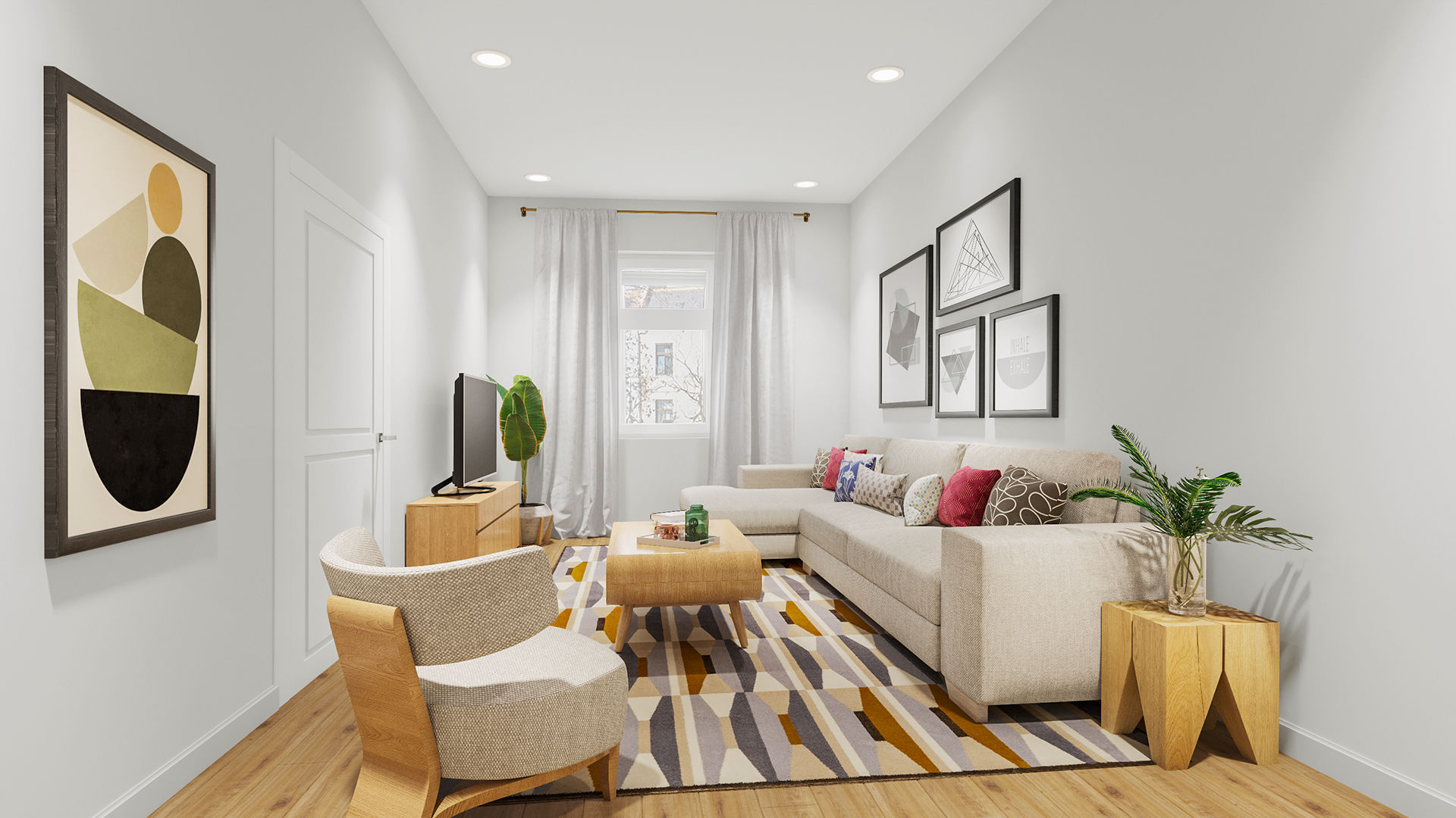 Virtuell eingerichtetes Wohnzimmer mit Sofa, Bildergalerie und gestreiftem Teppich in Wohnung München-Schwabing