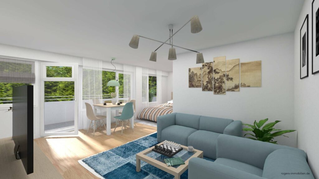 Visualisierung des Wohnzimmers mit blauem Sofa und Essbereich in einer Wohnung in München