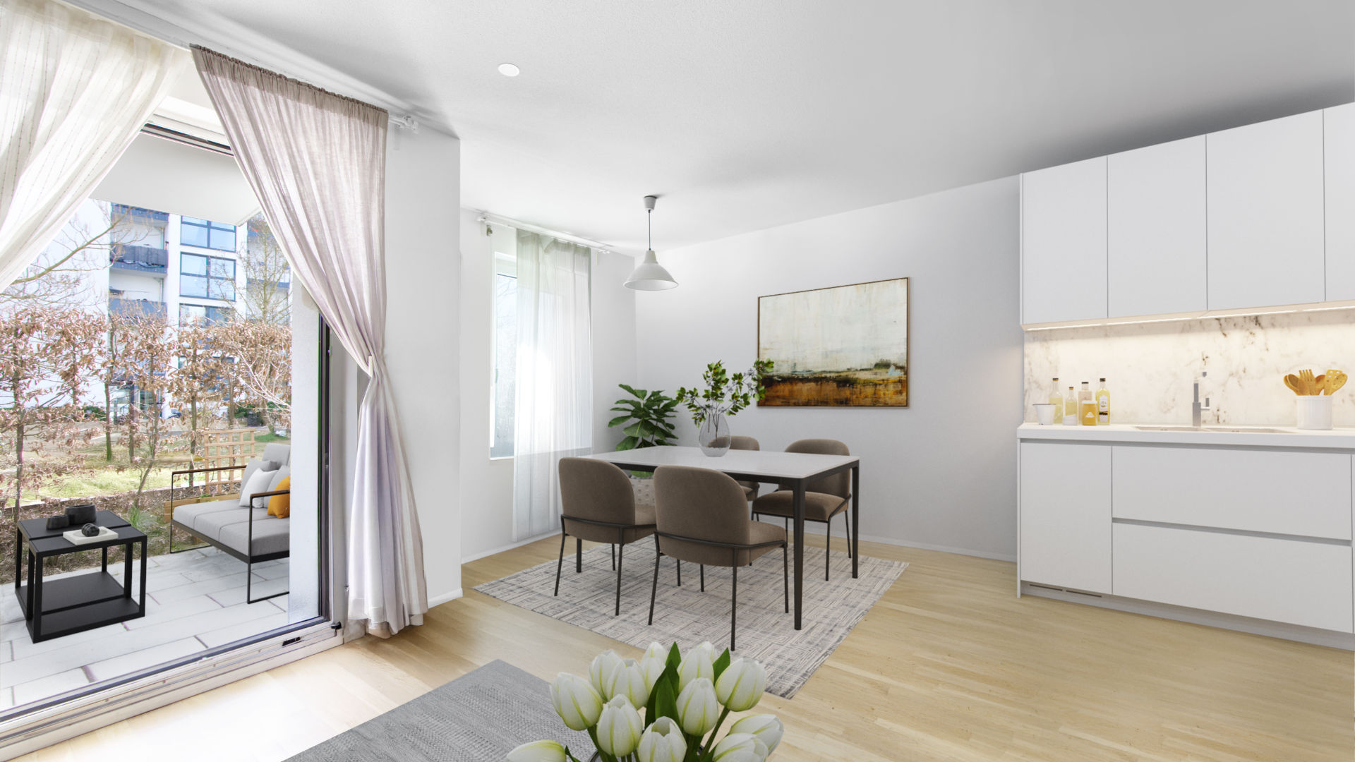 Virtuell eingerichteter Wohn-Essbereich mit Küche und Gartenblick in Wohnung München-Obergiesing