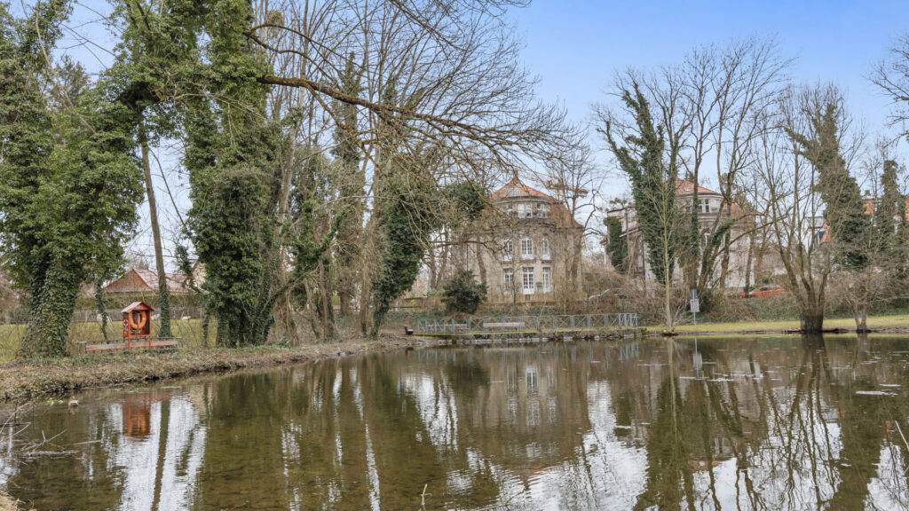 Pichlake with tree-shaded view and historical buildings in the background in Pasing