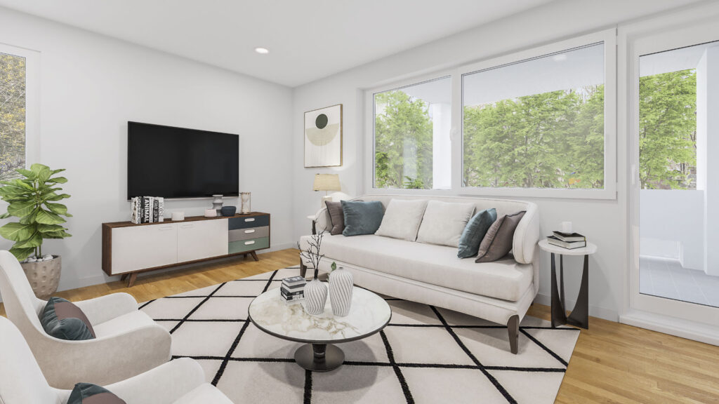Digitally furnished living room as virtual staging with sofa, TV unit and terrace view in apartment Munich-Pasing