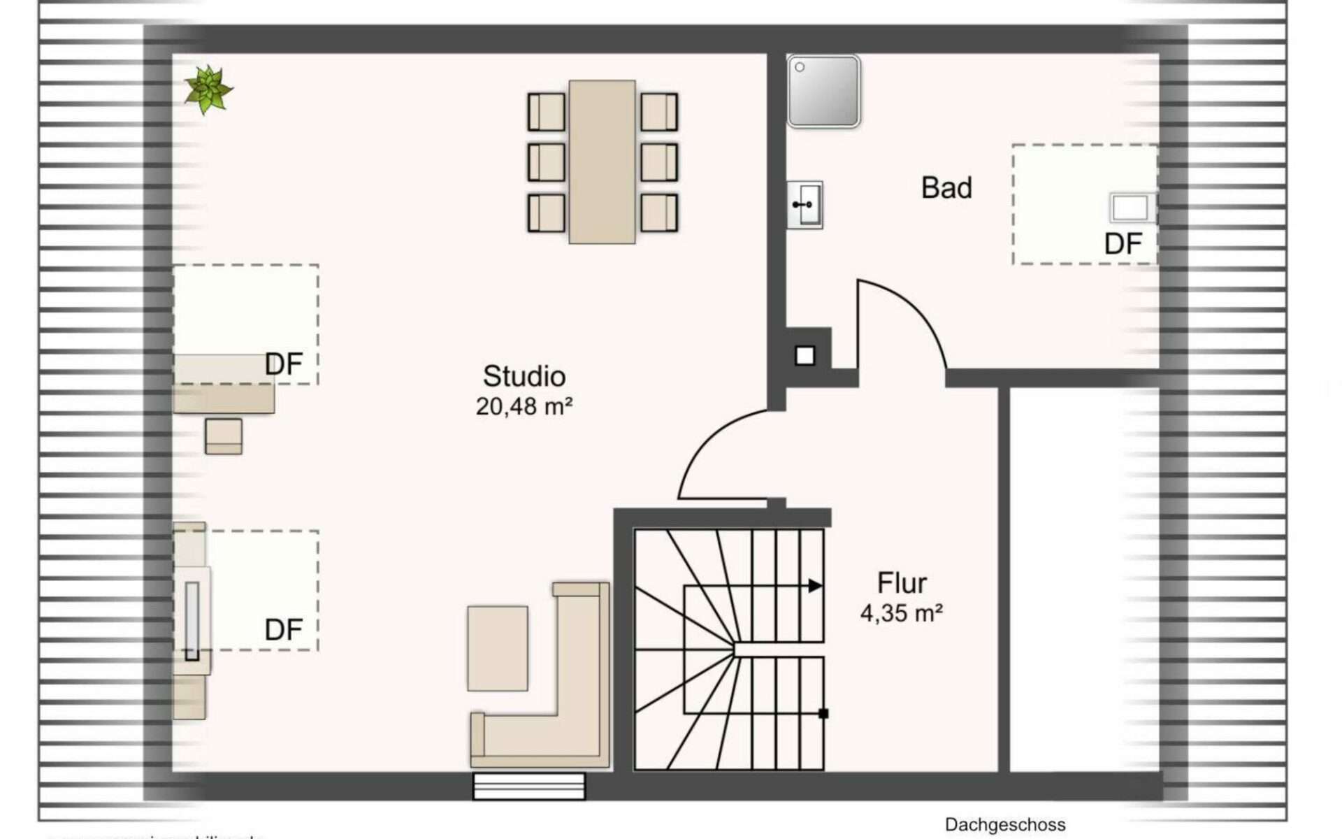 Floor plan of the top floor with studio and bathroom in the Putzbrunn house