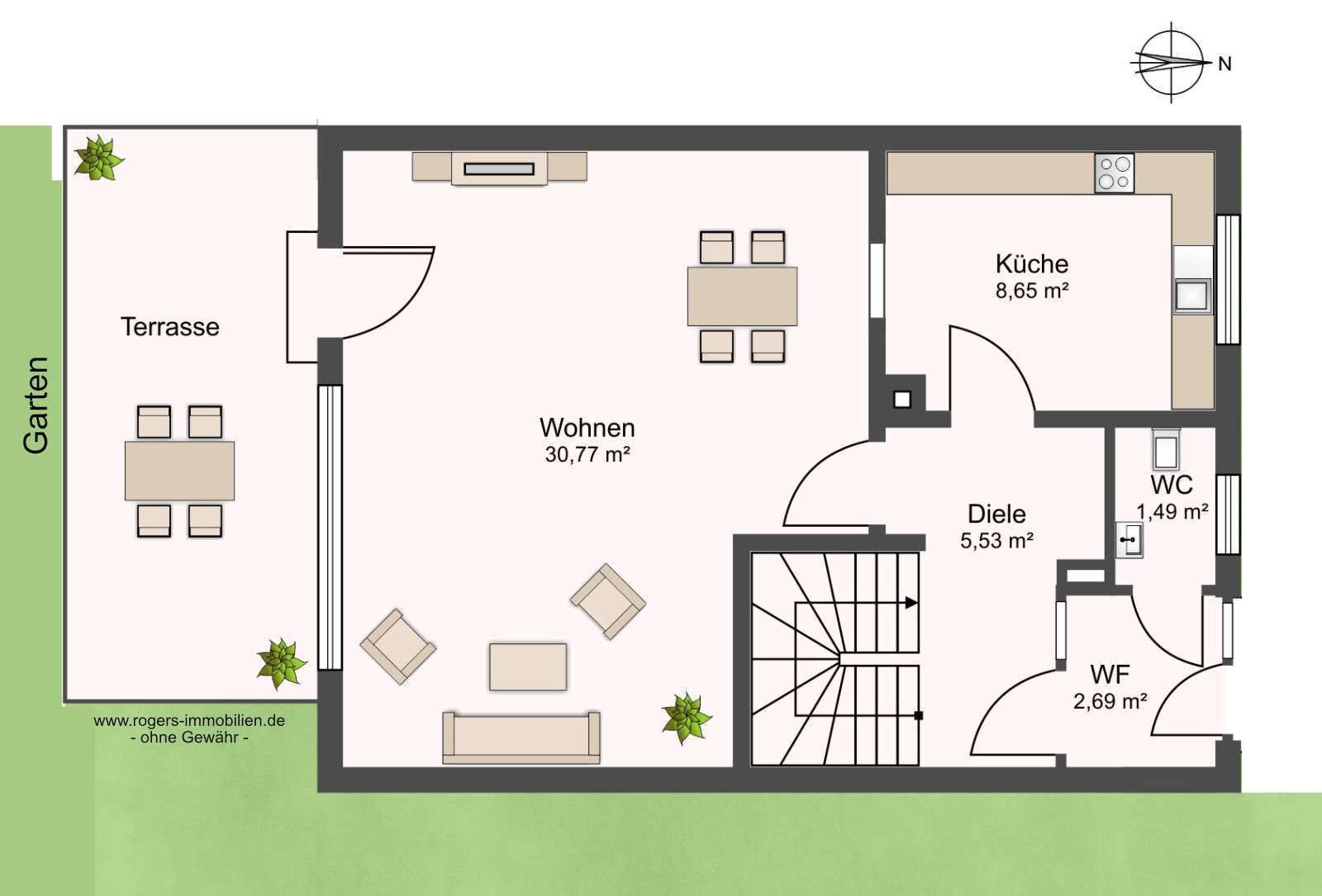 Ground floor plan with kitchen, living room, and terrace in the Putzbrunn house
