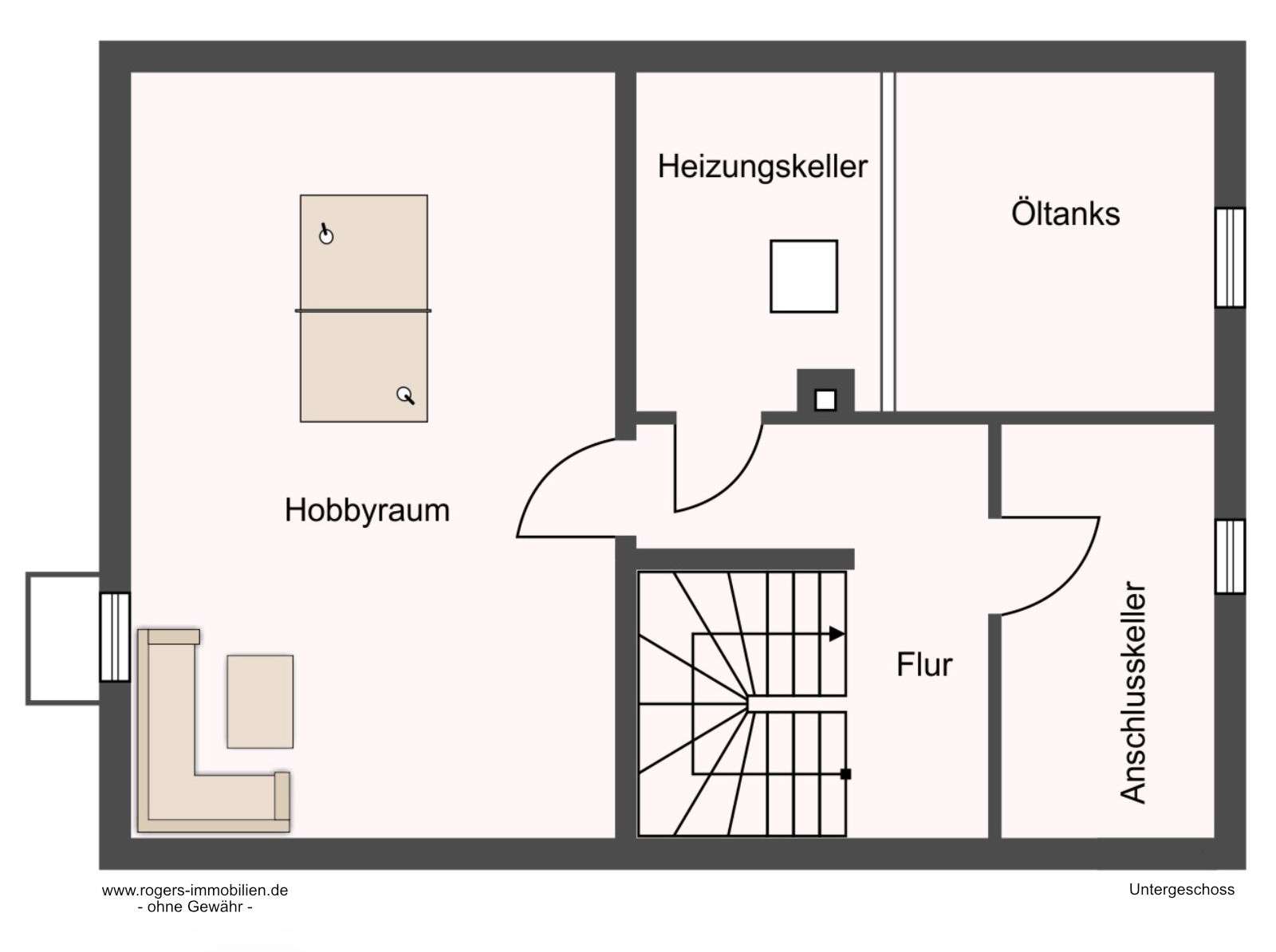 Floor plan of the basement with hobby room, boiler room, and utility basement in Putzbrunn