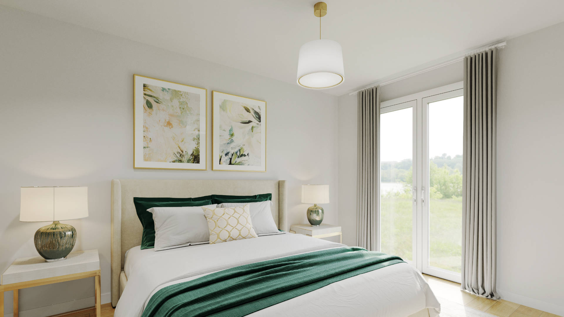 Visualization of a bedroom with a double bed and balcony access in a new construction apartment in Trudering