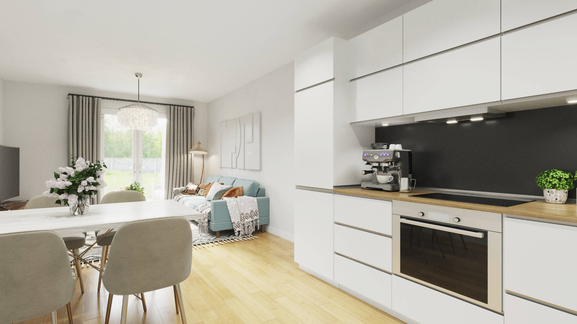 Visualization of kitchen and dining area with light-colored fronts in a new-build apartment in Trudering