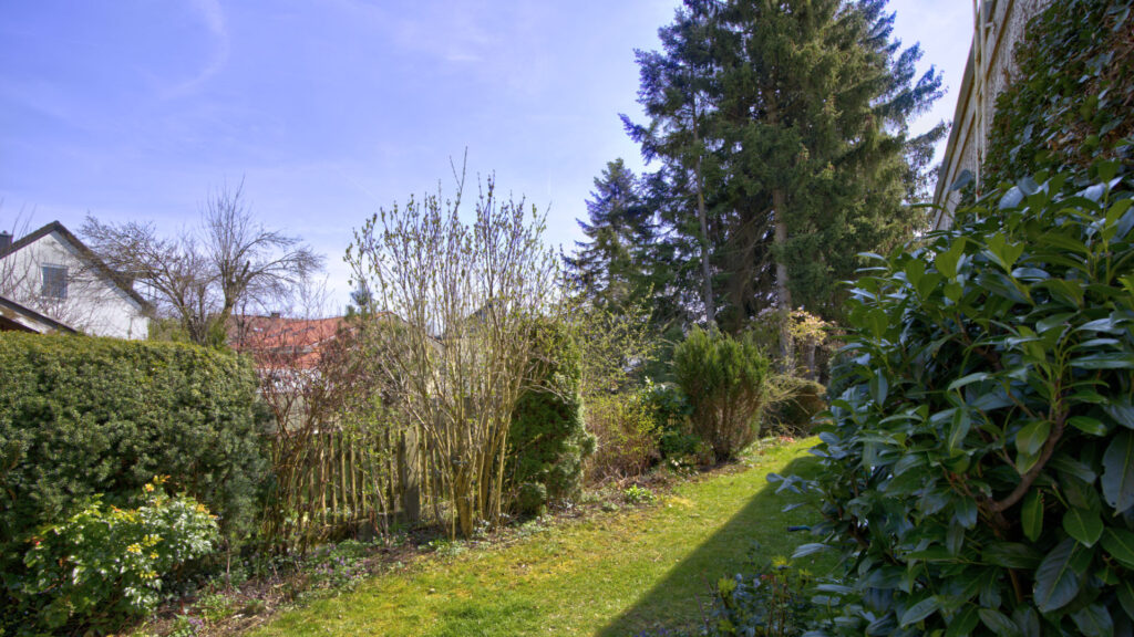 Narrow garden path with hedges, conifers and lawn strips near a row house in Unterhaching near Munich