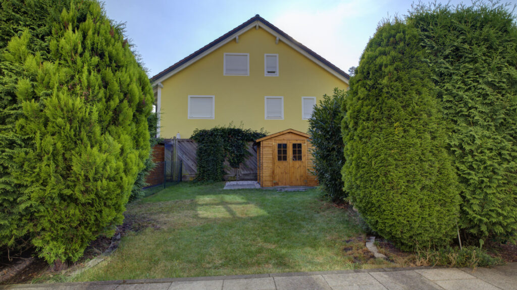 View of the garden shed and lawn between high hedges in Germering