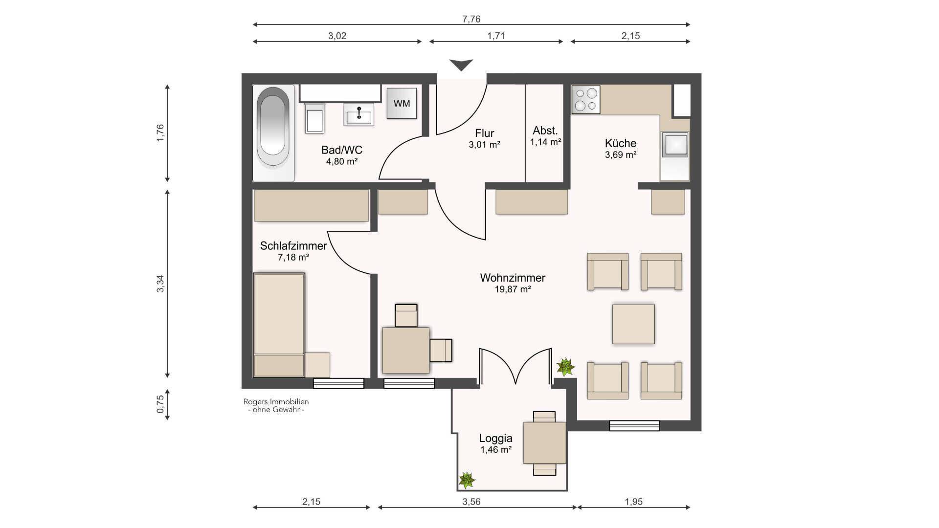 Grundriss einer Wohnung in München-Moosach mit Wohnzimmer, Schlafzimmer, Küche, Bad und Loggia