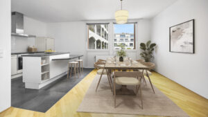 Virtually furnished eat-in kitchen with dining table and view of the neighboring house in Munich-Bogenhausen
