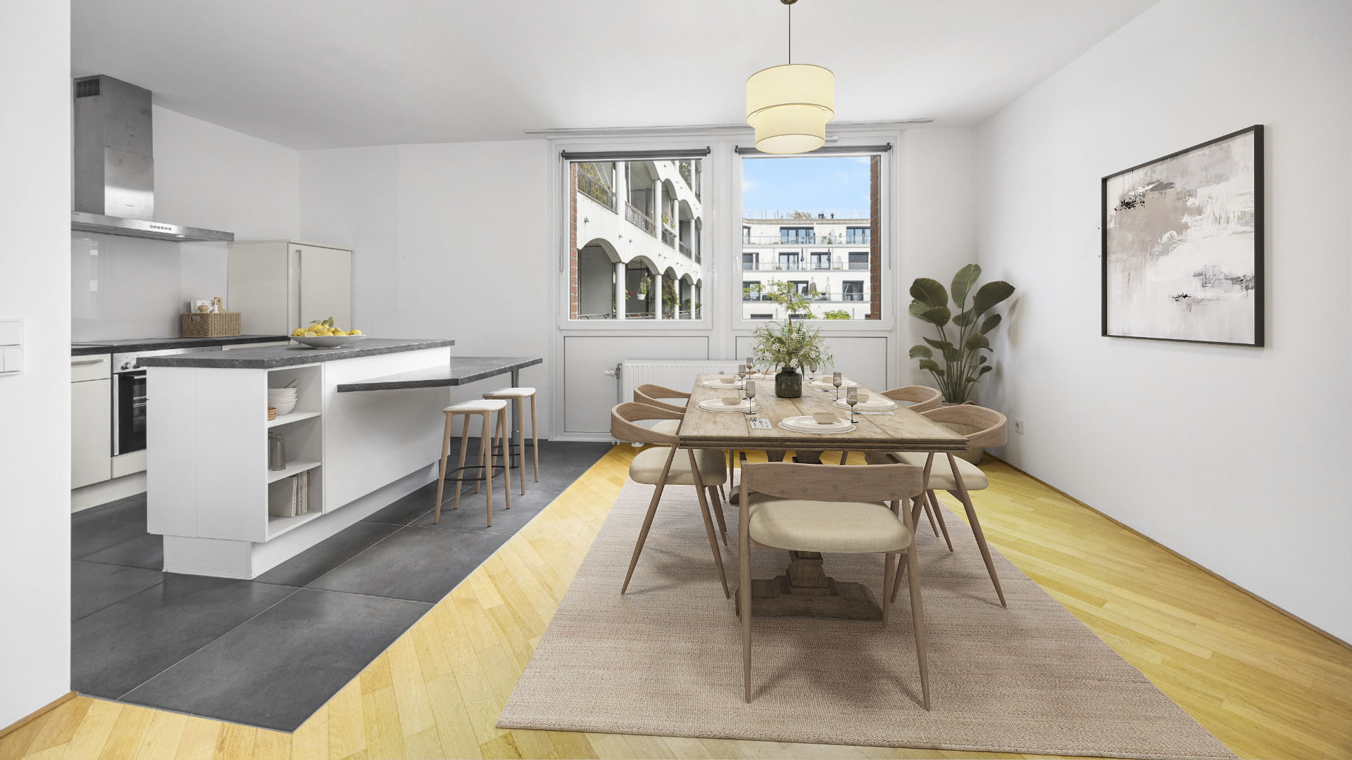 Virtually furnished eat-in kitchen with dining table and view of the neighboring house in Munich-Bogenhausen