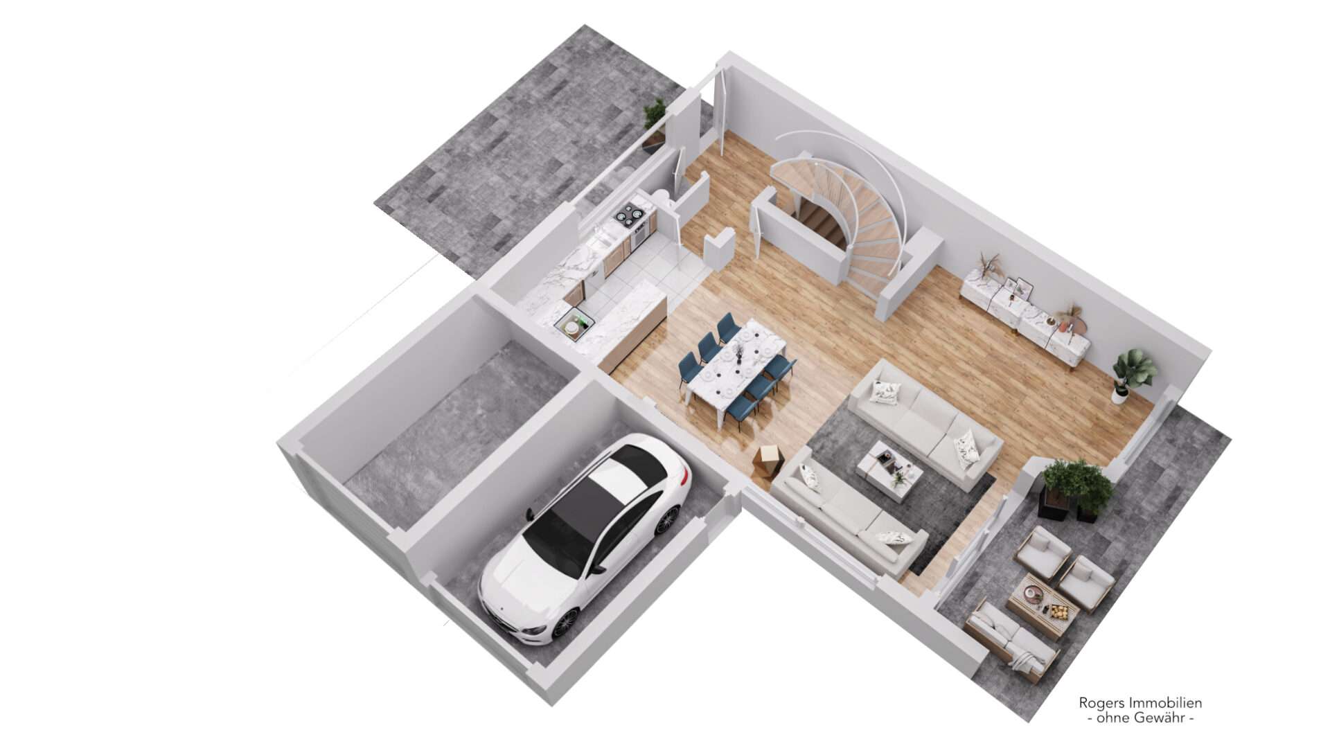 Isometrischer 3D-Grundriss des Erdgeschosses mit Wohnbereich, Küche und Garage eines Hauses in München-Bogenhausen