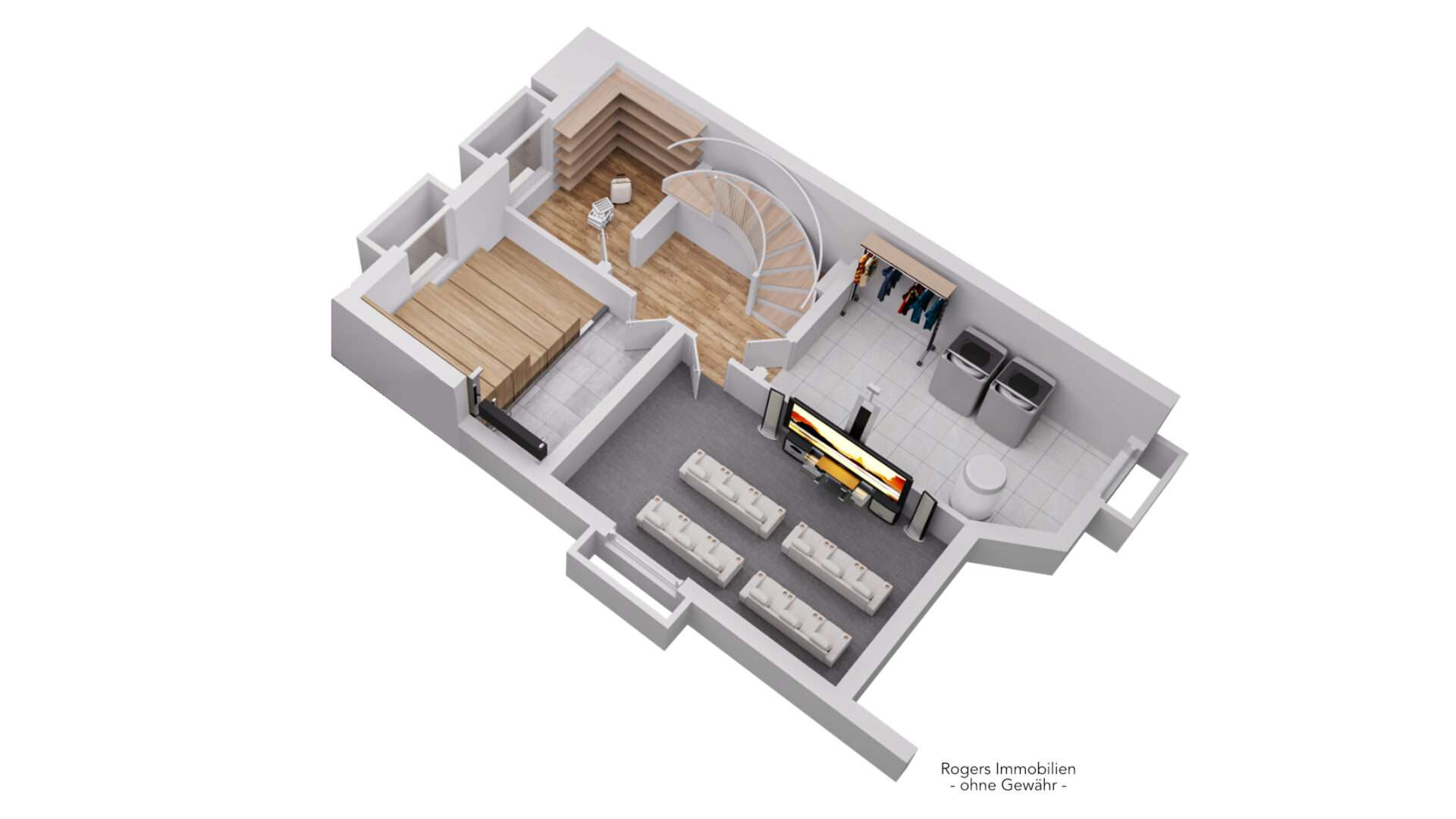 Isometrischer 3D-Grundriss des Untergeschosses mit Hobbyraum, Keller und Waschküche eines Hauses in München-Bogenhausen