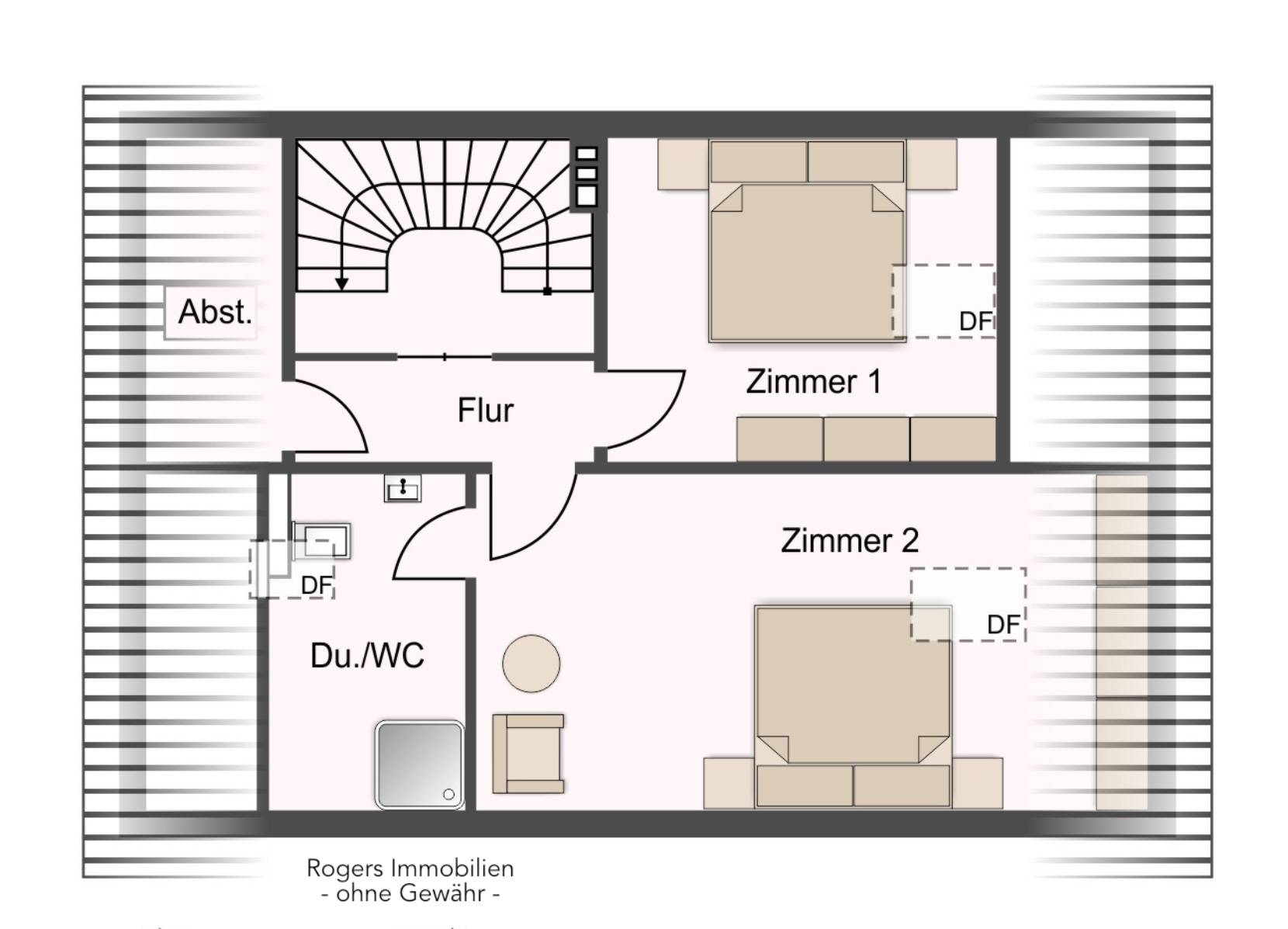 Grundriss des Dachgeschosses mit zwei Zimmern, Dusche/WC und Flur eines Hauses in München-Bogenhausen