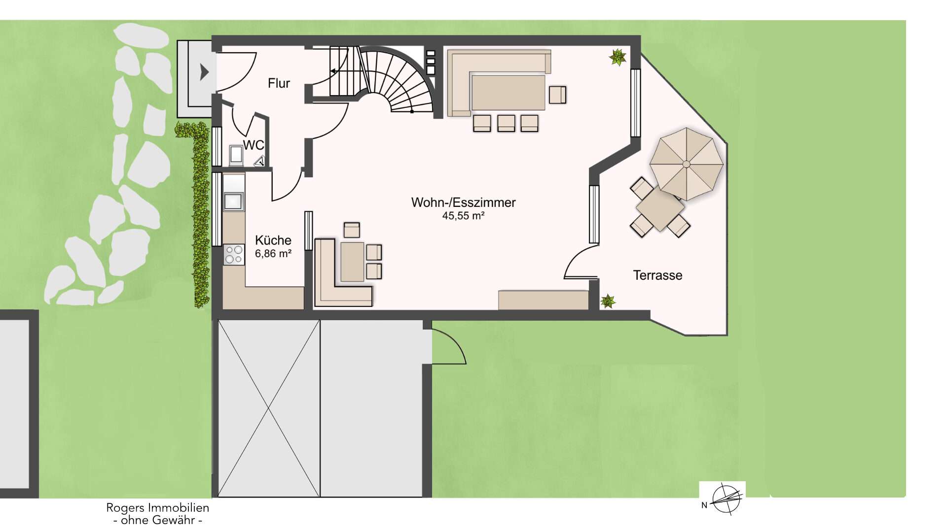 Grundriss des Erdgeschosses mit Wohn-Esszimmer, Küche und Terrasse eines Hauses in München-Bogenhausen