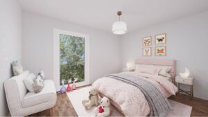 Virtuelle Darstellung eines Kinderzimmers mit rosa Bettwäsche, Sessel und Kuscheltieren in einem Haus in München-Bogenhausen