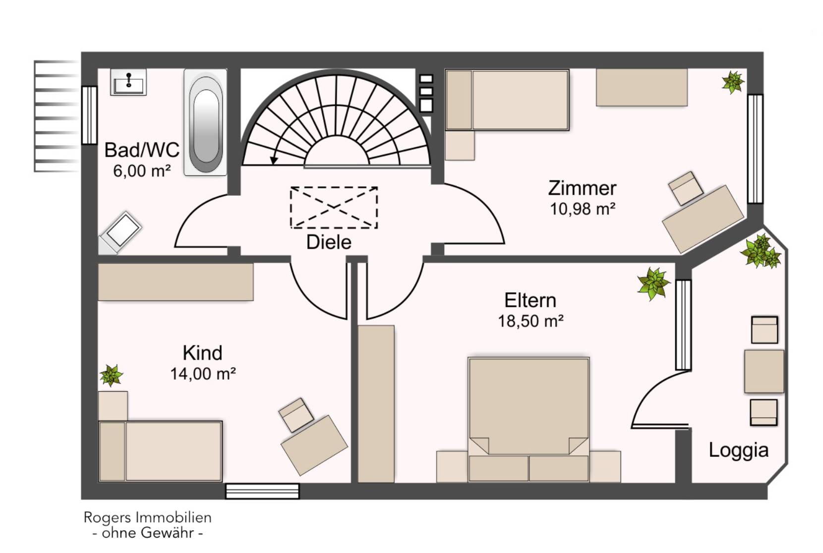 Grundriss des Obergeschosses mit Elternschlafzimmer, Kinderzimmer, Zimmer, Bad und Loggia eines Hauses in München-Bogenhausen
