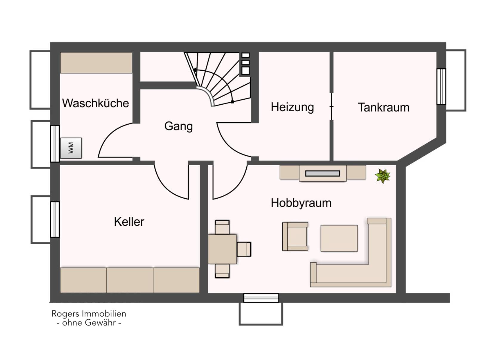 Grundriss des Untergeschosses mit Keller, Waschküche, Heizung, Tankraum und Hobbyraum eines Hauses in München-Bogenhausen