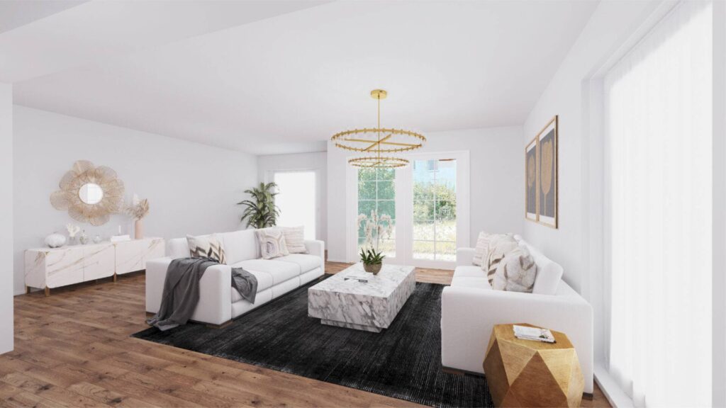 Virtual representation of a living room with white sofas, chandeliers, and parquet floor in a house in Munich-Bogenhausen