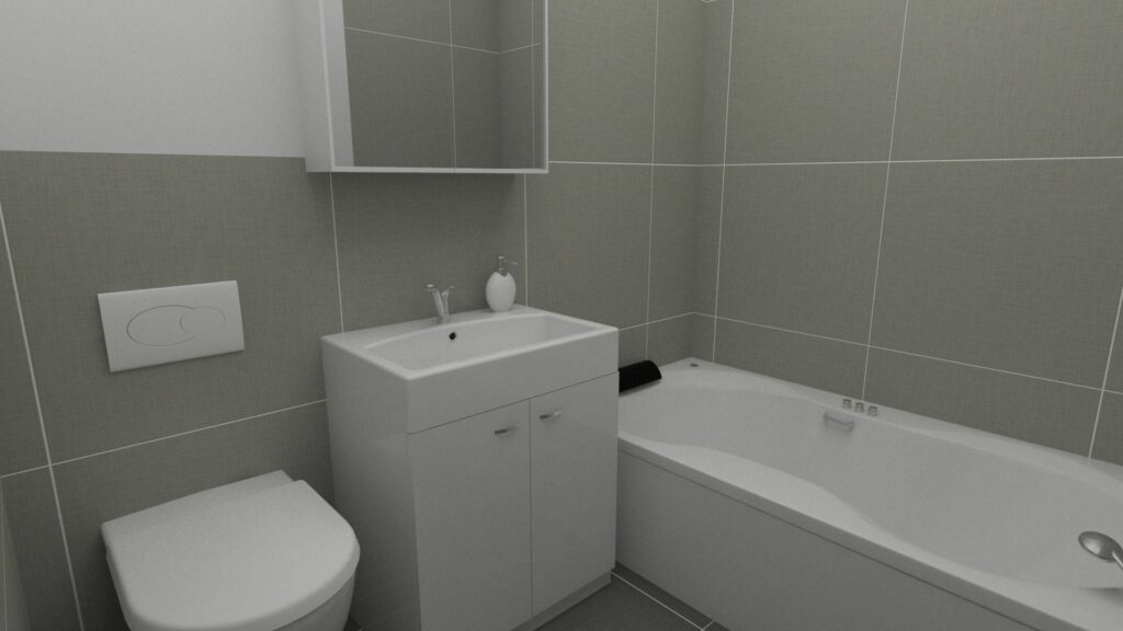 Virtual home staging of a bathroom with a sink, toilet, and bathtub in an apartment in Munich-Bogenhausen