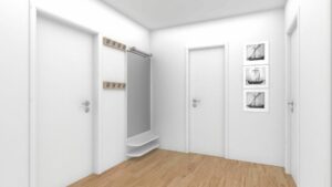 Virtual home staging of an entrance hall with a wardrobe and framed pictures in an apartment in Munich-Bogenhausen