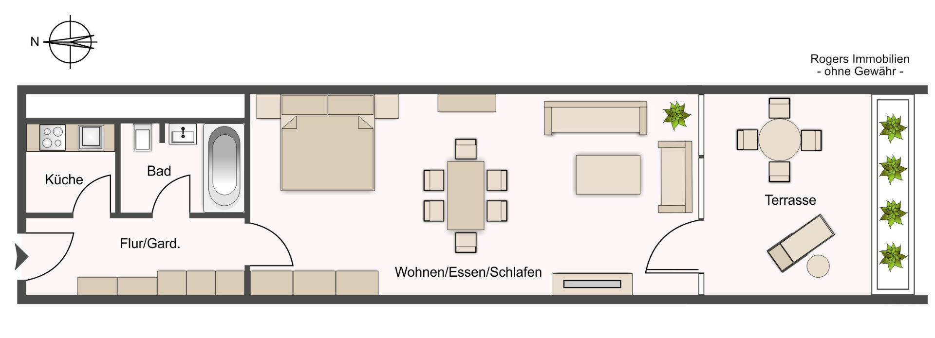 Floor plan of a terraced apartment with room layout, living area, and terrace in Munich-Bogenhausen