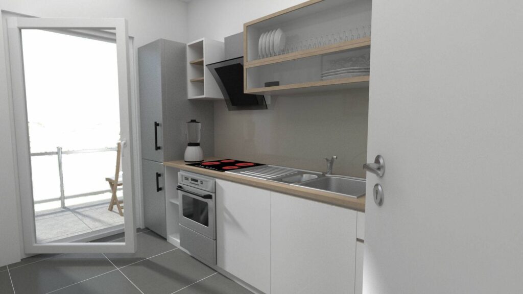 Virtual home staging of a fitted kitchen with a cooking stove and access to the balcony in an apartment in Munich-Bogenhausen