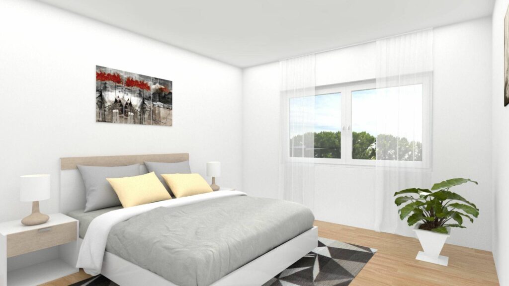 Virtual home staging of a bedroom with a double bed and windows in an apartment in Munich-Bogenhausen