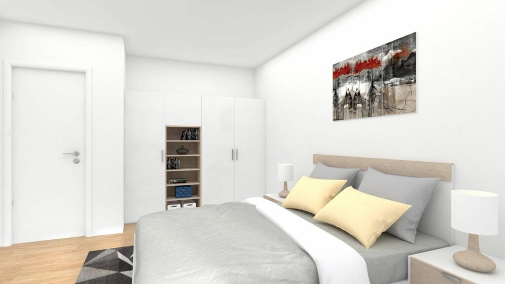 Virtual home staging of a bedroom with a double bed, a wall mural, and a shelf in an apartment in Munich-Bogenhausen