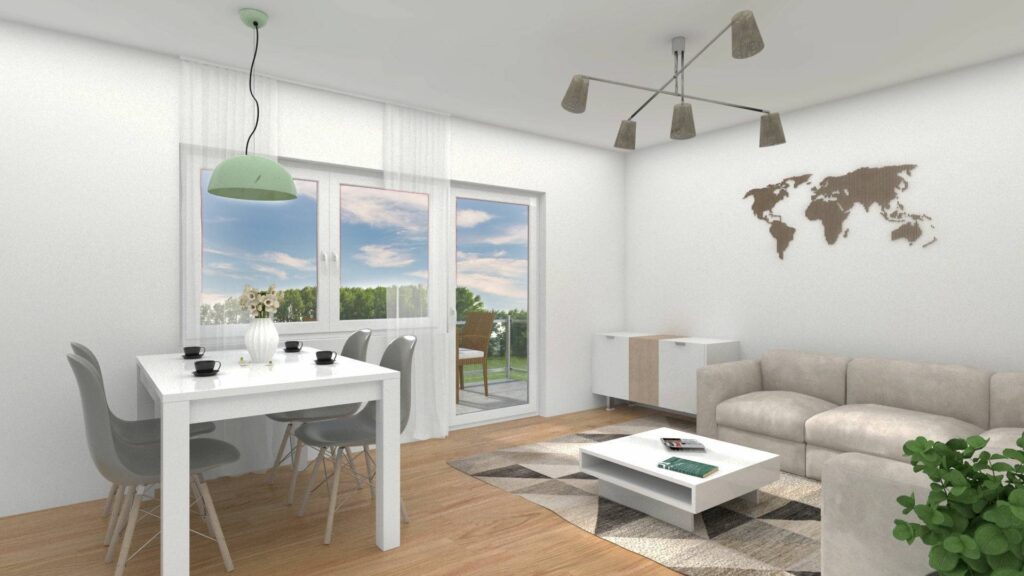 Virtual home staging of a living/dining area with dining table, sofa, and patio door in an apartment in Munich-Bogenhausen