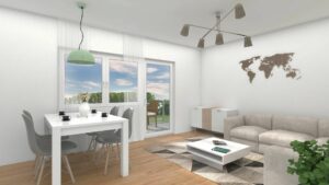 Virtual home staging of a living/dining area with dining table, sofa, and patio door in an apartment in Munich-Bogenhausen