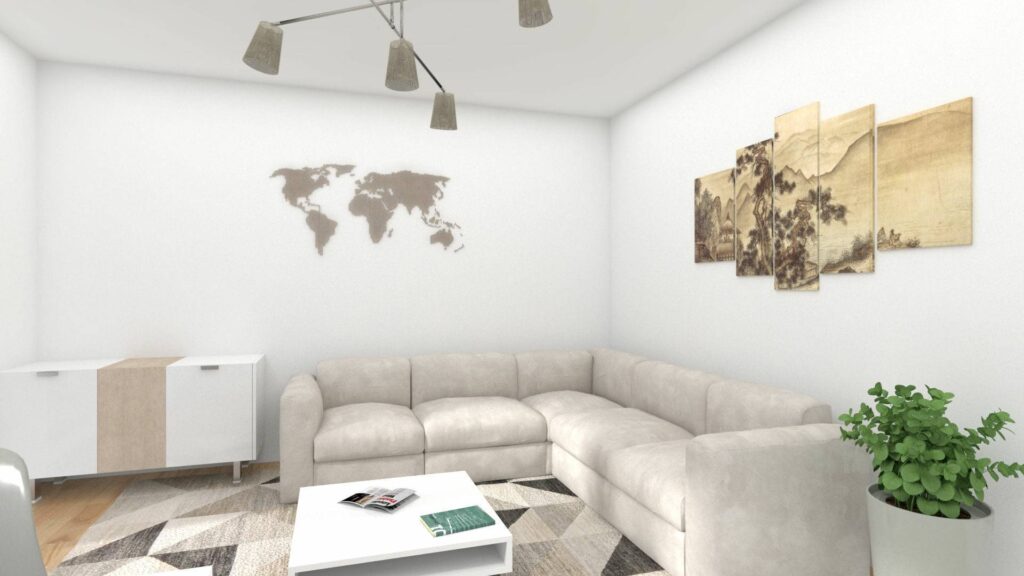 Virtual home staging of a living room with corner sofa and wall decoration in an apartment in Munich-Bogenhausen