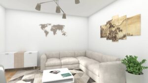 Virtual home staging of a living room with corner sofa and wall decoration in an apartment in Munich-Bogenhausen