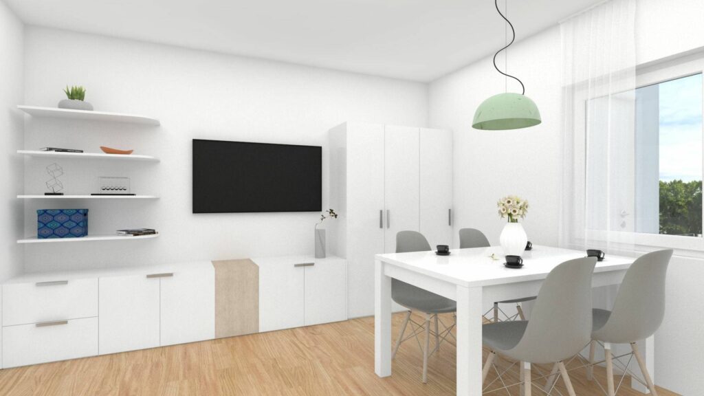 Virtual home staging of a dining area with dining table, chairs, and a living wall in an apartment in Munich-Bogenhausen