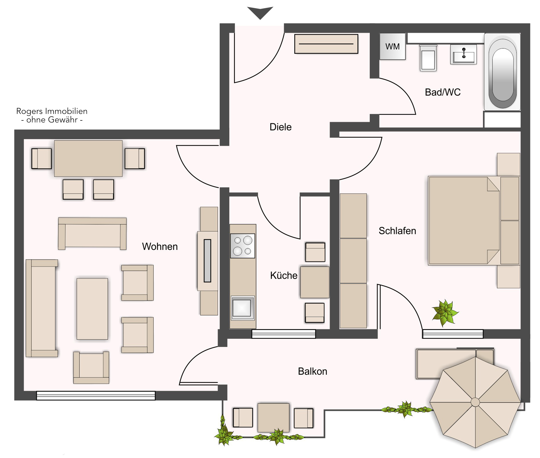 Grundriss einer Wohnung mit Wohnen, Küche, Schlafen, Bad/WC, Diele und Balkon in Germering bei München