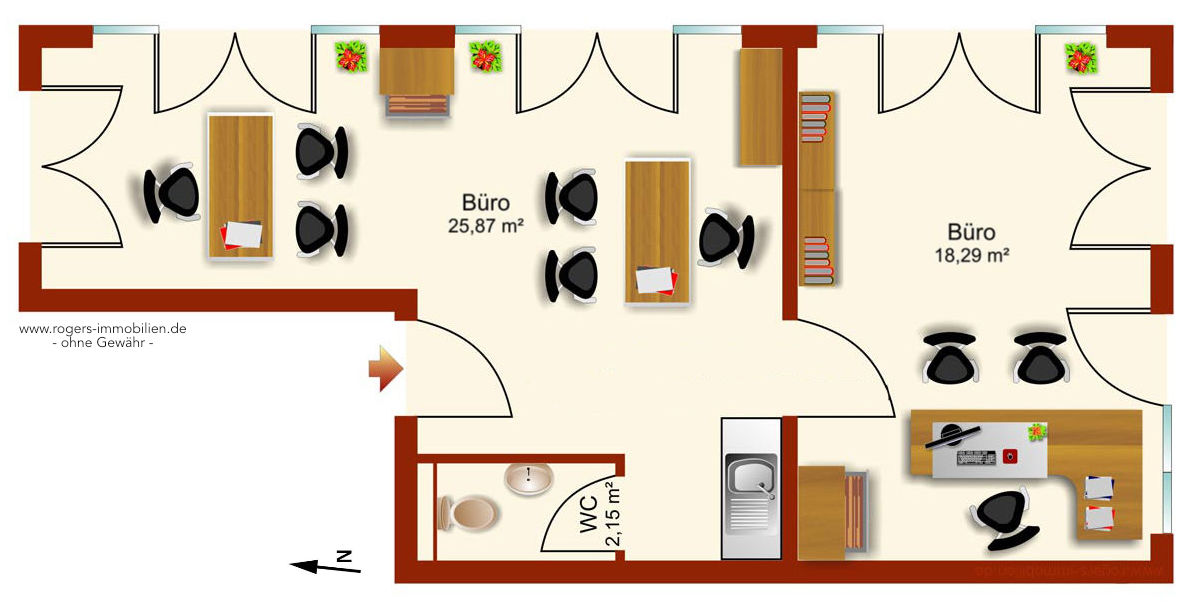 Grundriss des Erdgeschosses mit zwei Büroräumen, WC und Empfang einer Büroimmobilie in München-Forstenried