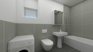 Virtuelles Homestaging eines Badezimmers mit Badewanne, WC, Waschbecken und Waschmaschine in einer Wohnung in München-Hadern