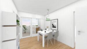 Virtuelles Homestaging eines Essbereichs mit Tisch, Stühlen und Balkonzugang in einer Wohnung in München-Hadern