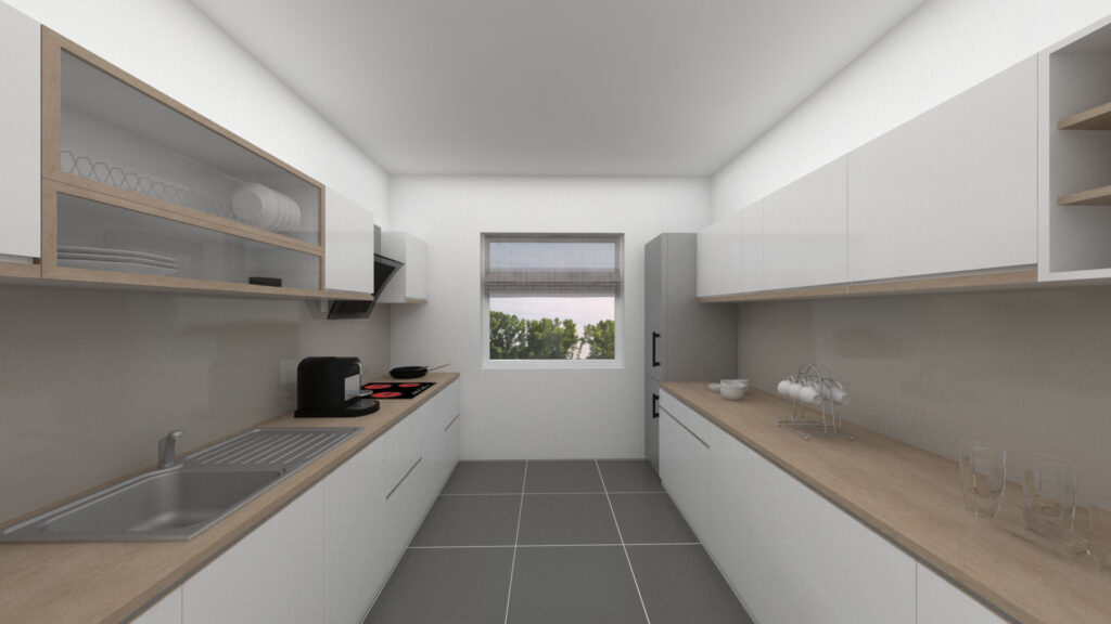 Virtuelles Homestaging einer weißen Einbauküche mit Fenster und Fliesenboden in einer Wohnung in München-Hadern