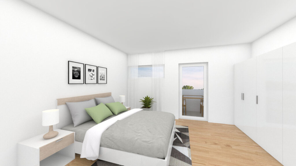 Virtuelles Homestaging eines Schlafzimmers mit Doppelbett, Nachttisch und Kleiderschrank in einer Wohnung in München-Hadern