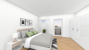 Virtuelles Homestaging eines Schlafzimmers mit Doppelbett, Nachttisch und Kleiderschrank in einer Wohnung in München-Hadern