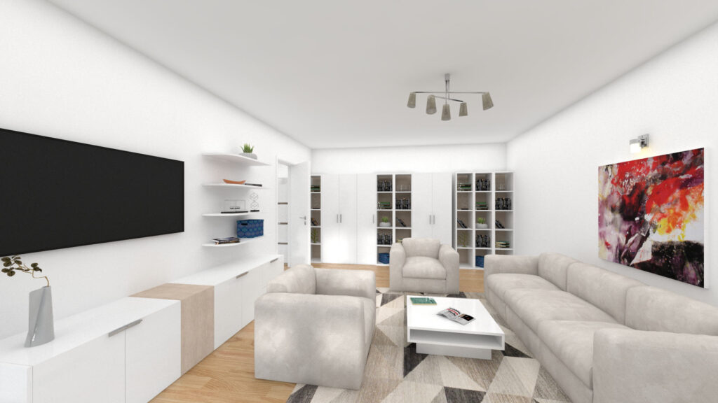 Virtuelles Homestaging eines Wohnzimmers mit TV-Wand, Sofa und Wandbild in einer Wohnung in München-Hadern