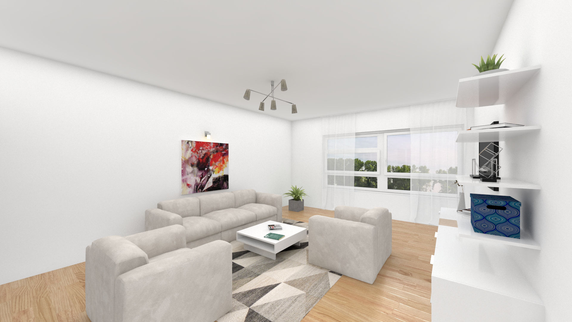3D rendering of a bright living room with a sofa, coffee table, and open wall shelf in an apartment in Munich-Hadern