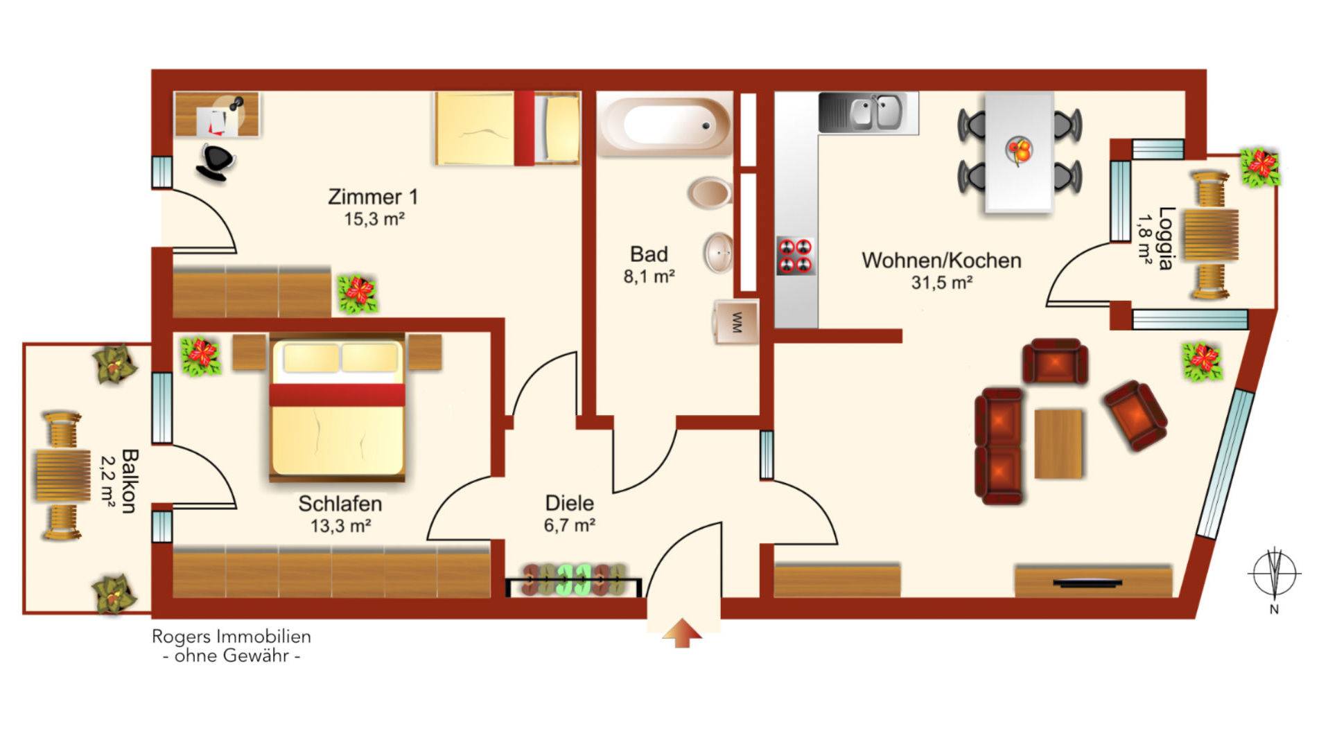 Floor plan of the condominium with room, bedroom, bathroom and living/kitchen in Ludwigsvorstadt
