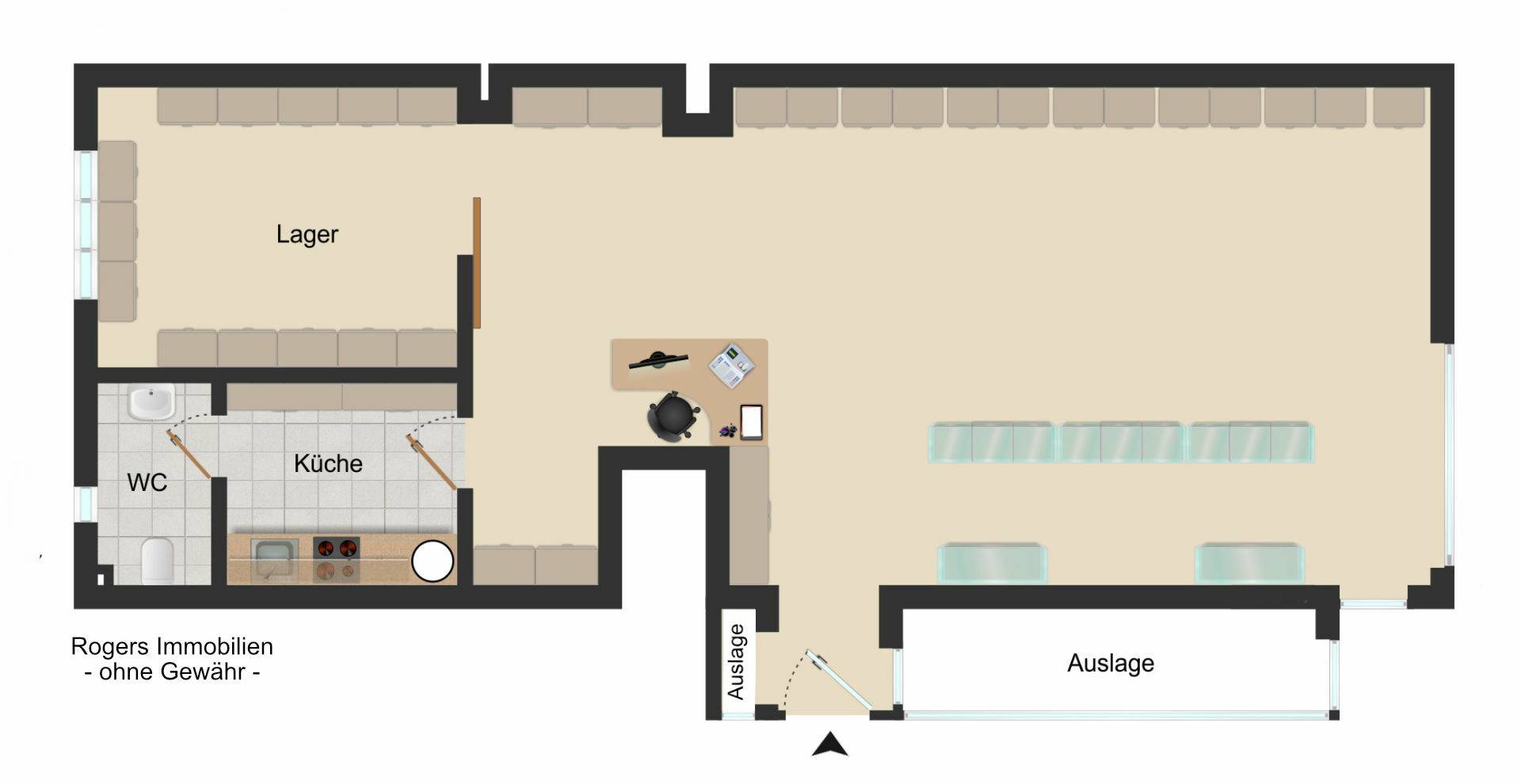 Floor plan of a retail space with storage, kitchen, WC, and sales area with display in Munich-Maxvorstadt