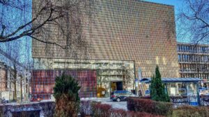 Modern museum facade with brick pattern near the store in Munich-Maxvorstadt