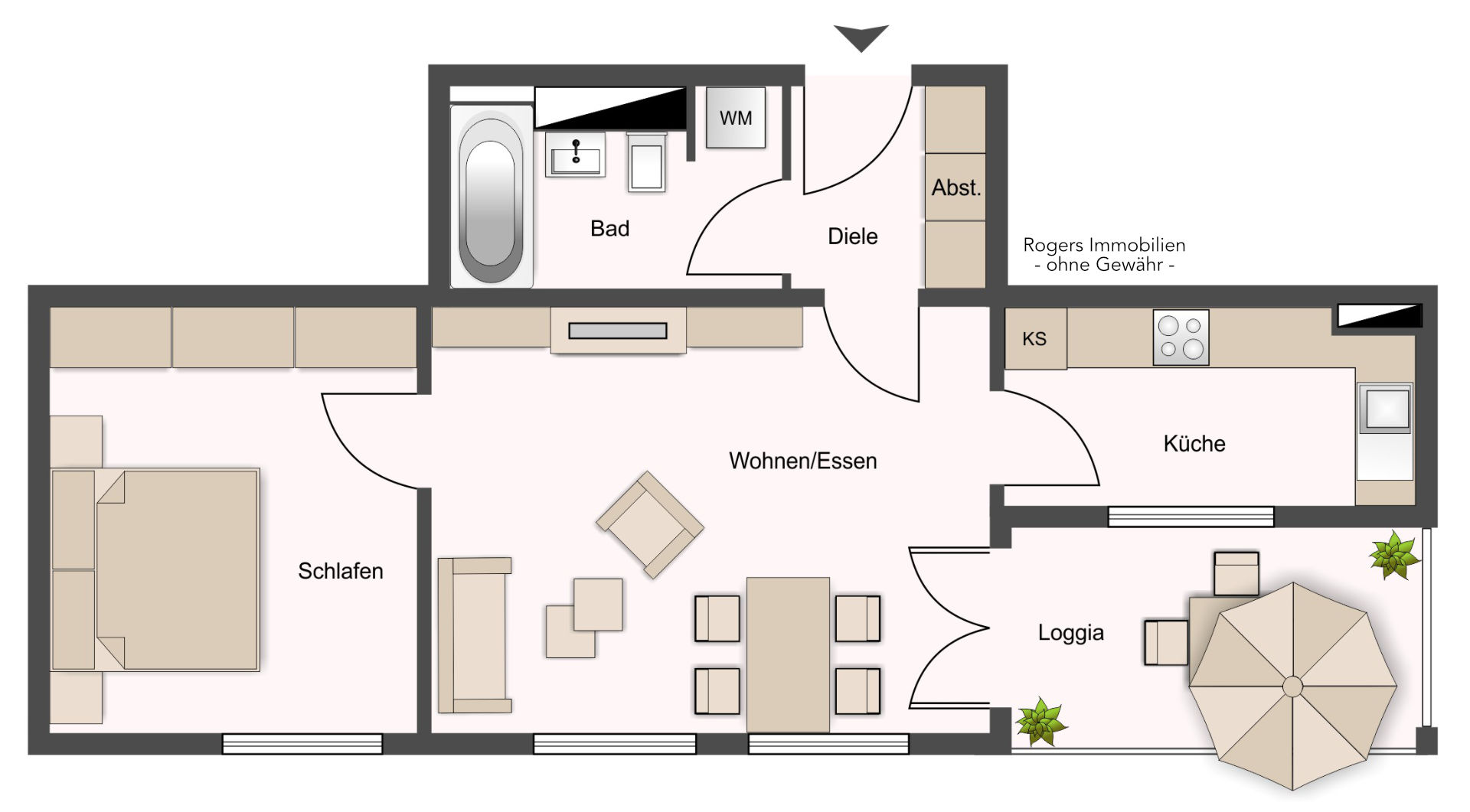 Grundriss einer Wohnung mit Schlafzimmer, Bad, Wohn-Essbereich, Küche und Loggia in München-Milbertshofen