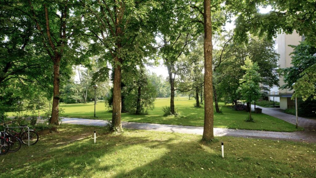 View over a green area with trees towards a bright residential building in Munich-Perlach