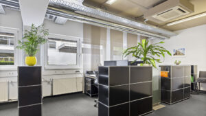 Office space with black filing cabinets and green plants in Puchheim – Rogers Immobilien