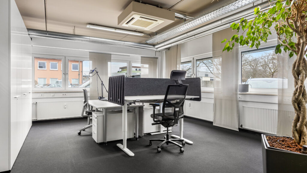 Private office with height-adjustable desk and green plant in the Puchheim office building – Rogers Real Estate